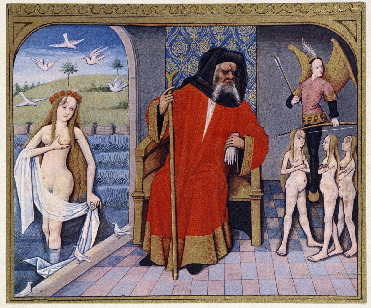 Aphrodité, Héphaisztosz, Erosz (Ámor) és jótékonysági szervezetek – a 15. századi megvilágításból alkotó: (after) French School
