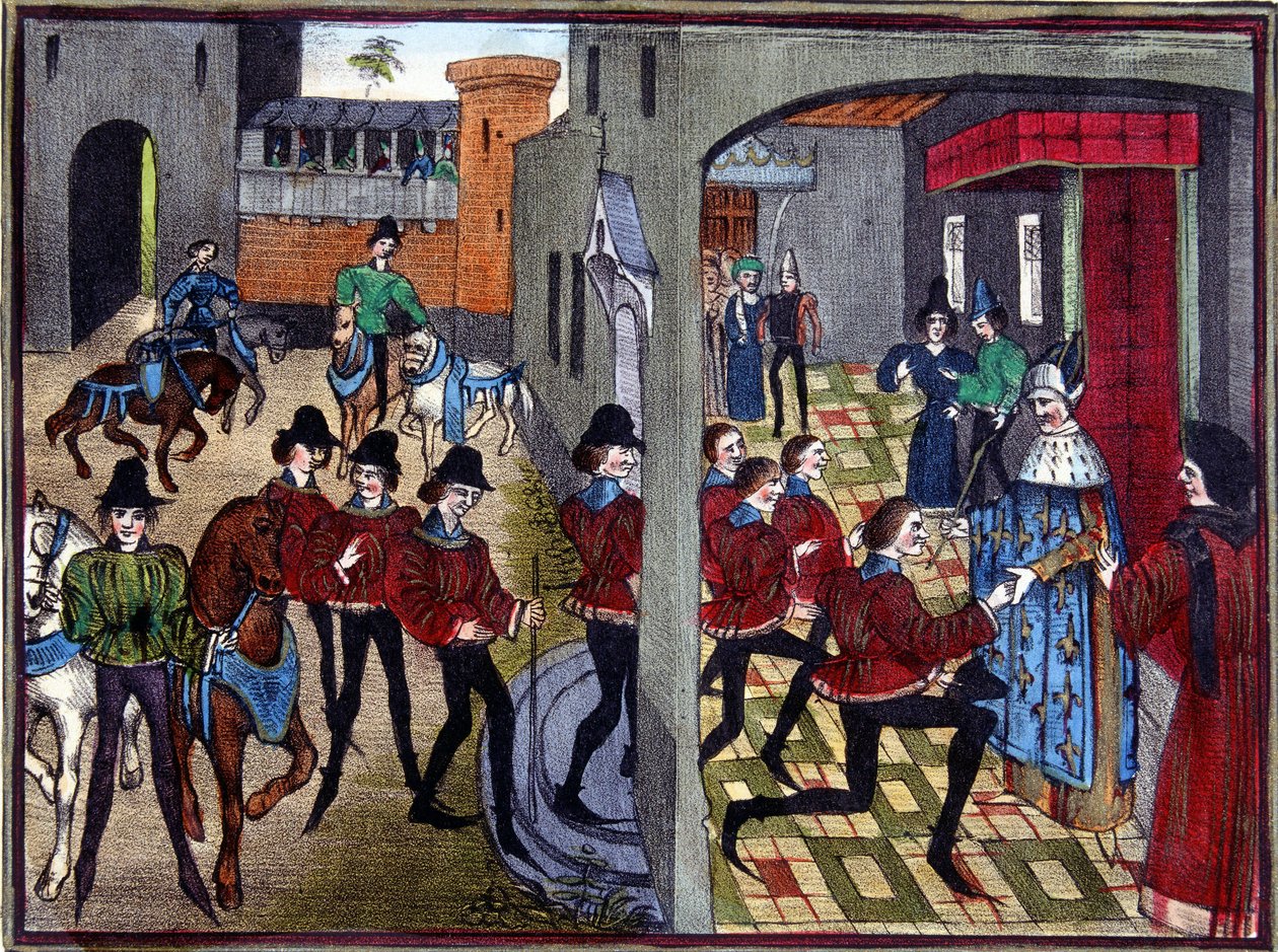 Nagy Károly fogadja a 4 Aymon fiút az udvarban, és lovaggá üti őket – Huon de Villeneuve 13. századi miniatúrája után alkotó: (after) French School