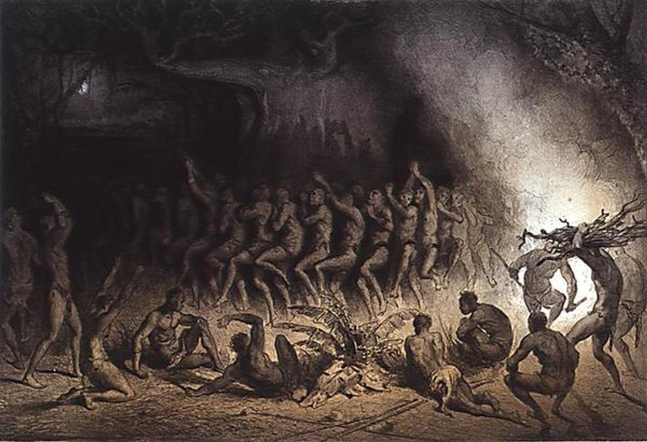 Negro vallási tánc Pierre Tremaux (1818-95) „Voyages au Soudan Oriental et dans Afrique Septentrionale” című művéből, G. Dore metszetével alkotó: (after) French School