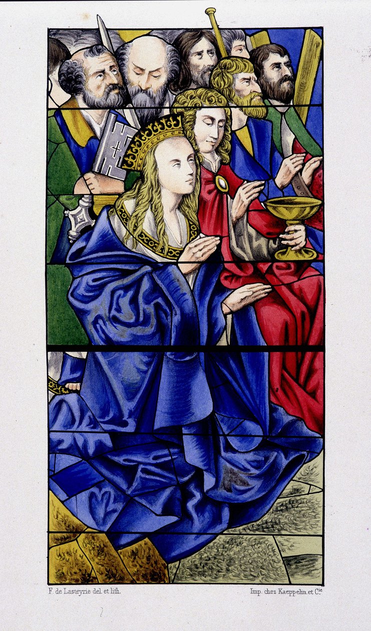 Az apostolokkal körülvett Szűz - repro. egy ólomüveg a St Vincent de Rouen templom alkotó: (after) French School