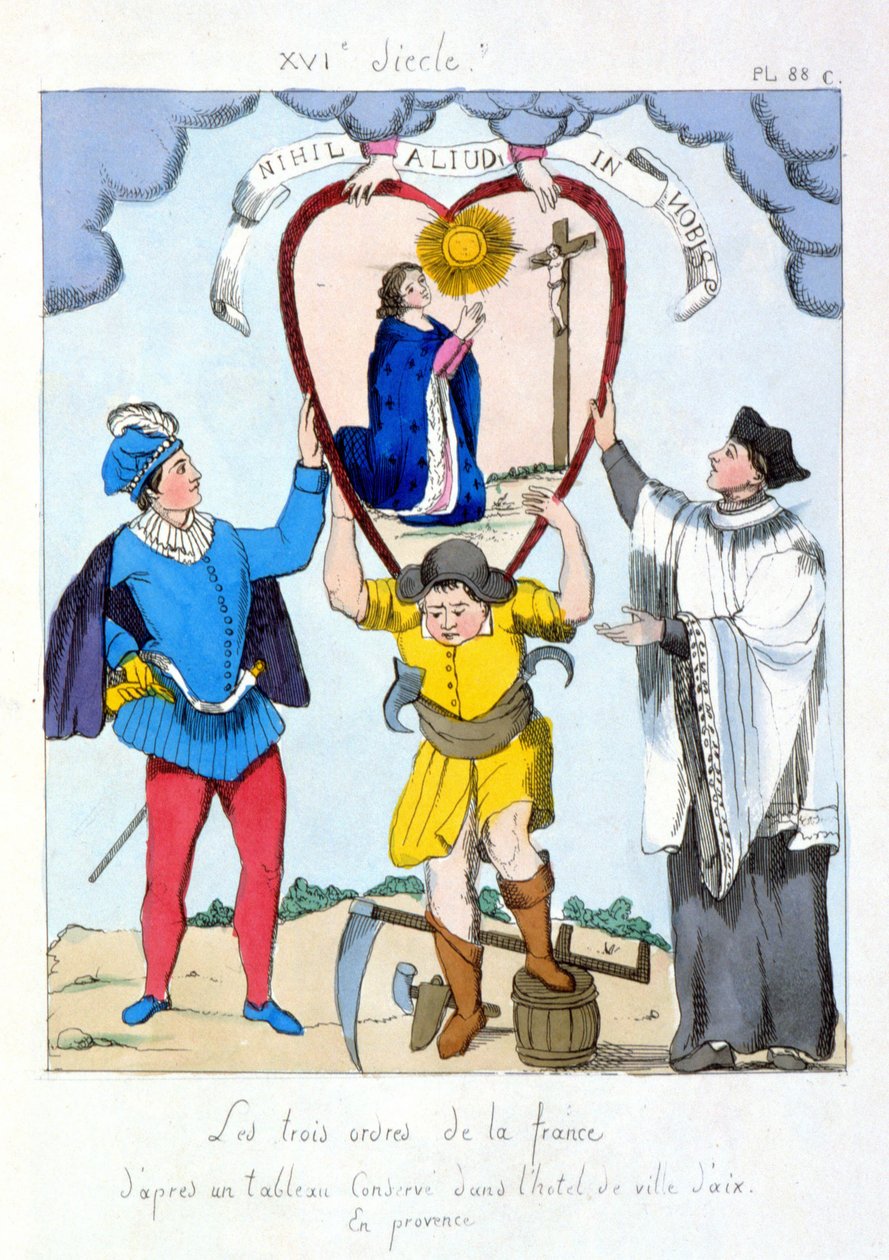 Franciaország három rendje az Aix en Provence városházán őrzött festmény szerint. Karikatúra a három rend egyenlőtlenségéről az 1789-es forradalom után. alkotó: (after) French School