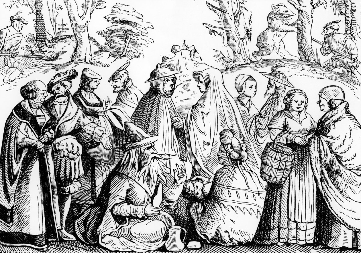 Cigányok jövendölnek, a Münsteri "Cosmographie Universelle" című, 1552-ben kiadott fametszet után (litográfia) (fekete-fehér fotó). alkotó: (after) German School