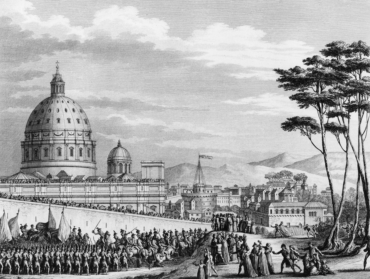 Francia forradalom: A franciák diadalmas bevonulása Rómába Olaszországban 1798 februárjában Louis Alexandre (Louis-Alexandre) Berthier tábornok vezetésével, aki megszállta a pápai államokat, és február 11-én elfoglalta Róma városát. alkotó: (after) Girardet