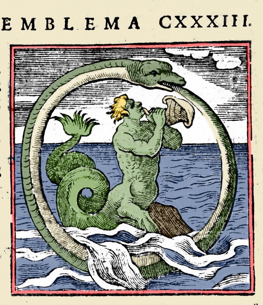 Egy triton és egy ouroboros, "Emblems" (A füzet emblémái) illusztráció, Andrea Alciati (színes litó) alkotó: (after) Italian School
