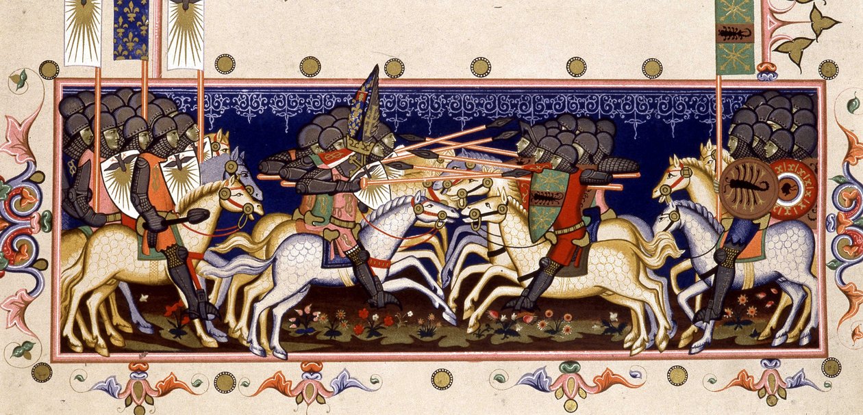 Csatajelenet (Imagined Crusades) - a "Nápolyi Szentlélek Rendjének Statútumában" (Szentlélek rendje) az 1352-es miniatűr alapján alkotó: (after) Italian School