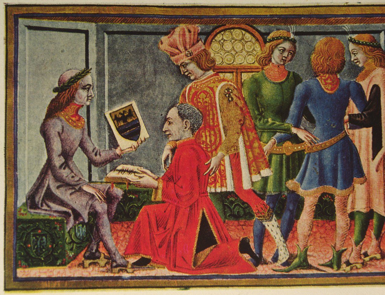 Frigyes császár átveszi Giovanni Bianchini csillagász „Az asztrológia táblái” című könyvét (színes litho) alkotó: (after) Italian School