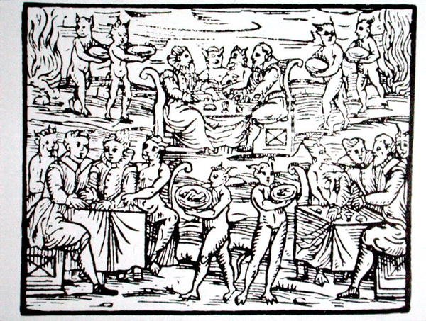 A varázslók lakomája, M. Guaccius atya „Compendium Maleticarum” illusztrációjának másolata, Milánó, 1608, a „Varázslattörténetben” használt, a 19. század végén megjelent (fametszet) alkotó: (after) Italian School