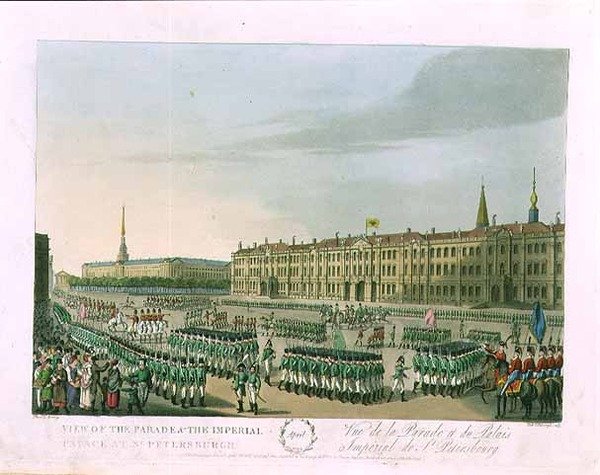 Kilátás a felvonulásra és a szentpétervári császári palotára, áprilisi illusztráció az „Egy év Szentpéterváron” című művéből, amelyet John H. Clark vésett, M. Dubourg színezte, pub. 1815 Londonban, Edward Orme (színes metszet) alkotó: (after) Mornay