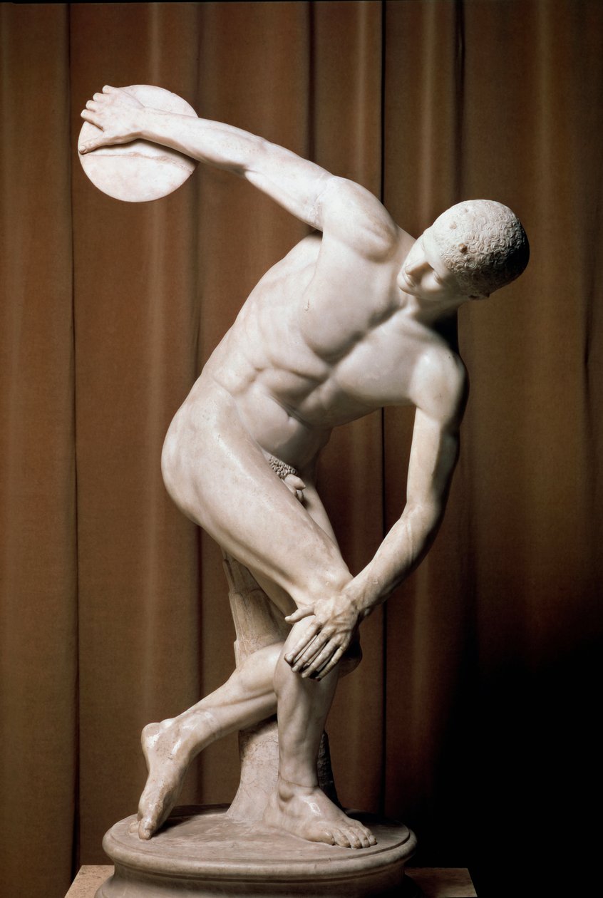 A discobol. Egy római atléta rekordot próbál dobni. Myron eredeti bronzának római másolata a Kr.e. 5. századból. Roma, Museo Nazionale Romano Rome alkotó: (after) Myron