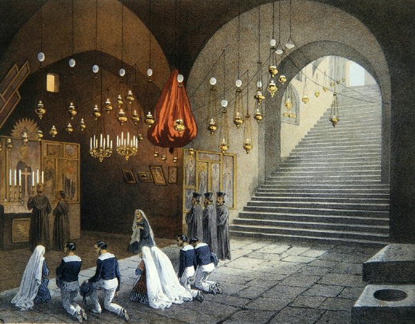 Szűz Mária sírja Ephesusban, Izmir közelében, Contre-Amiral Paris „Souvenirs de Jerusalem” illusztrációja, metszett: Bachelier és Jules Gaildrau (1816-98) (színes litó) alkotó: (after) Paris