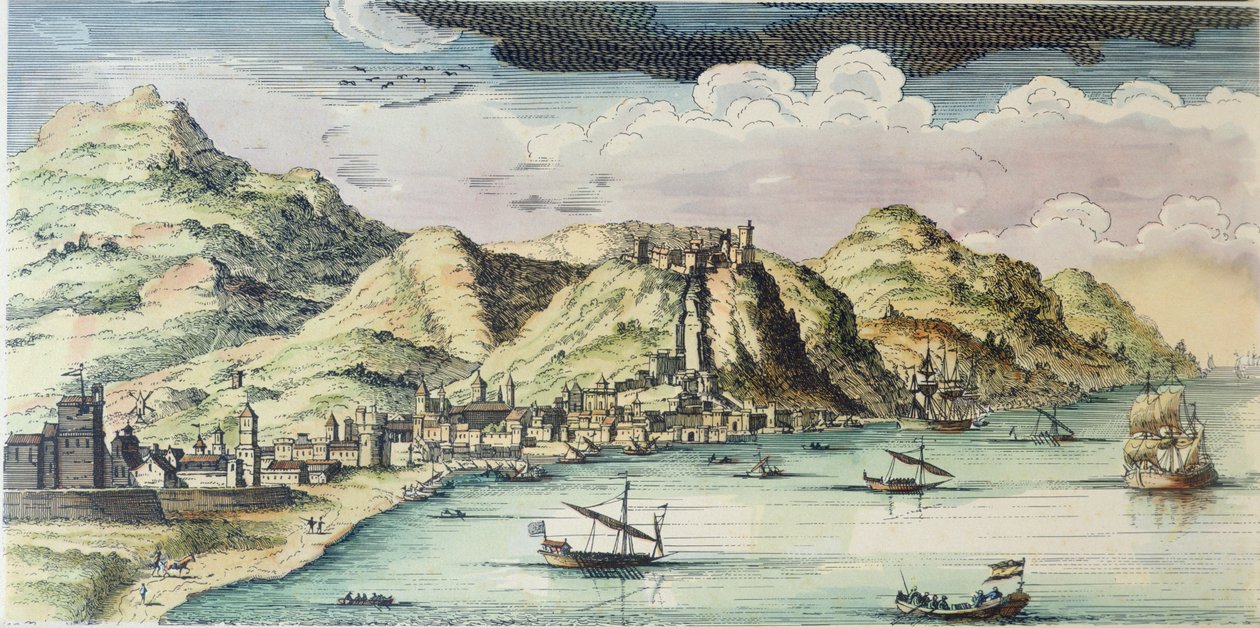 Kilátás Málaga városára, Spanyolország (színes metszet) alkotó: (after) Spanish School
