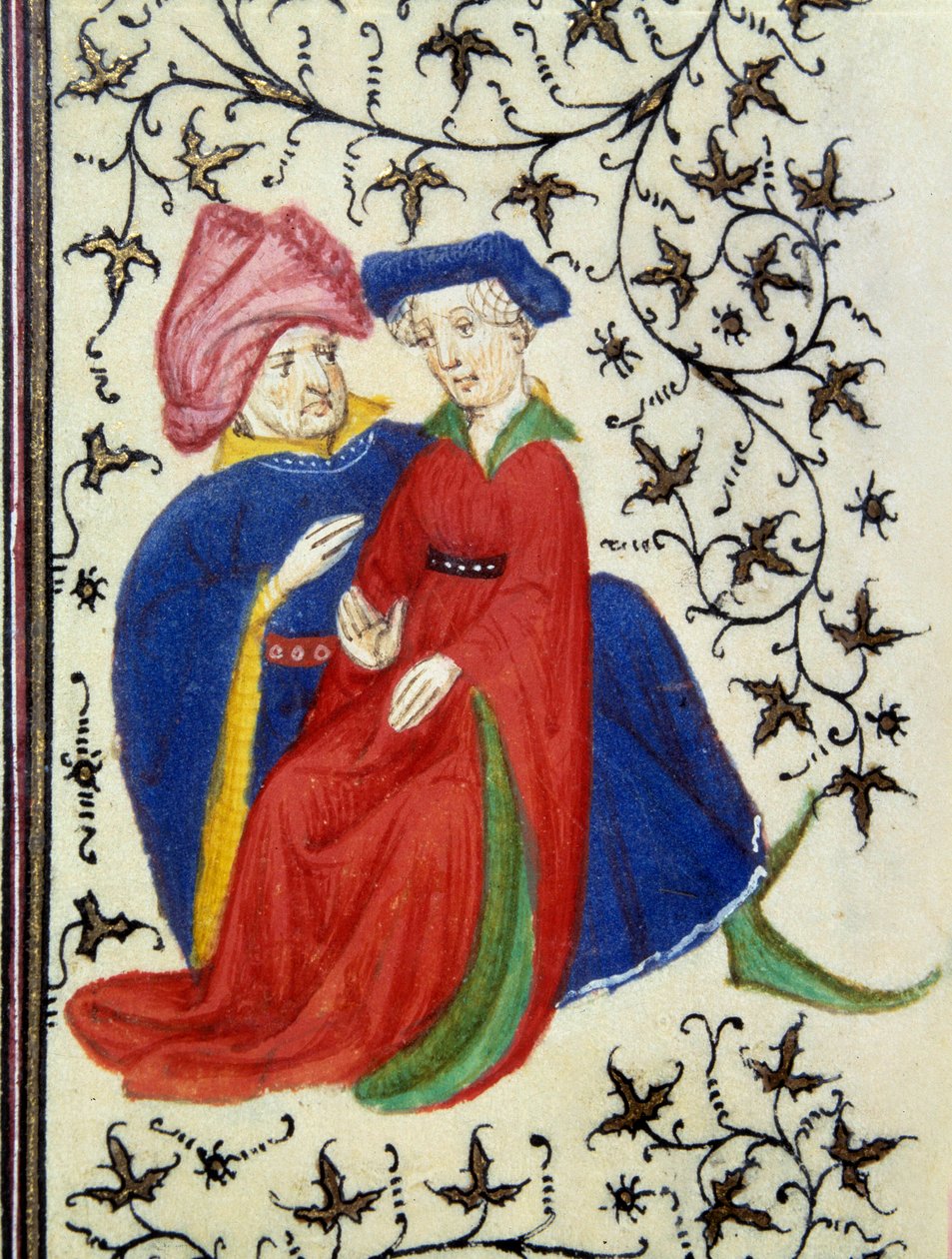 Galáns jelenet. Részlet a „Les Tres Riches Hours du Duke Francois de Guise” kézirat egyik oldaláról, amelyet Boucicaut mestere megvilágított. 15. század. Musee Conde, Chantilly. alkotó: (and workshop) Boucicaut Master