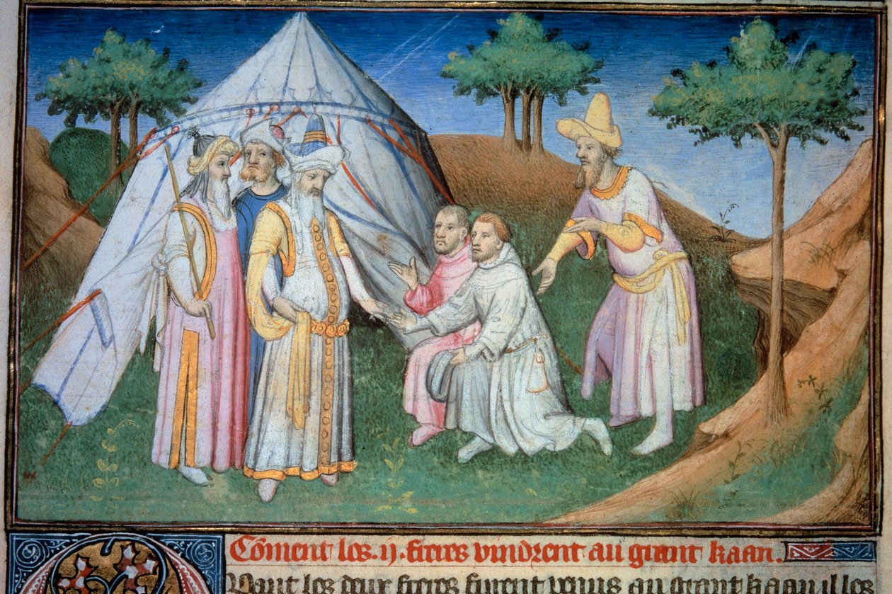 Nicolo és Matteo Polo testvéreket, az ifjú Marco Polo (1254-1324) apját és nagybátyját a Grand Qubilai (Kubilai kán, a mongol Yuan-dinasztia első császára (1215-1294), mongol császár 1271-ben) udvarában fogadták.” Miniatűr a " alkotó: (and workshop) Boucicaut Master