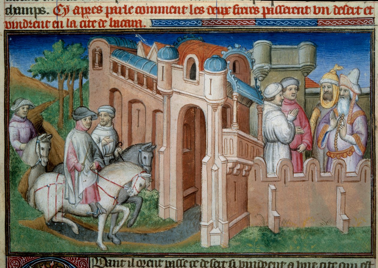 Nicolo és Matteo Polo testvérek, Marco Polo (1254-1324) nagybátyja és apja megérkeznek az üzbegisztáni Buharába. Miniatúra Marco Polo (1254-1324) "A csodák könyve" ("Devisement du monde", "Il Milione") című művéből, amelyet Bouci mester illusztrált. alkotó: (and workshop) Boucicaut Master