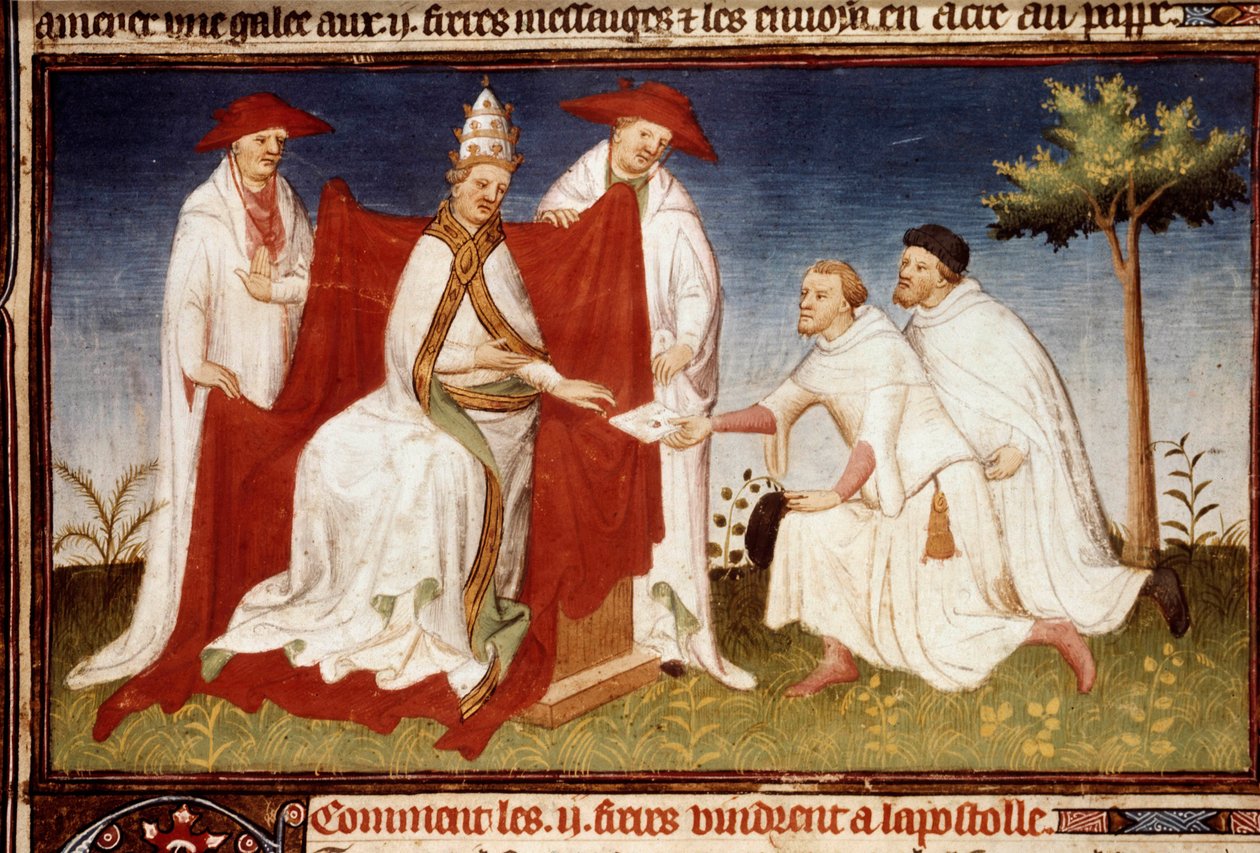 Nicolo és Matteo Polo testvérek, Marco Polo (1254-1324) nagybátyja és apja átadták X. Gergely pápának Qubilai (Kubilai kán, a mongol Jüan-dinasztia első császára (1215-1294)) levelét. Miniatűr „” The Book of the Book of Csodák”” (“World Devise alkotó: (and workshop) Boucicaut Master