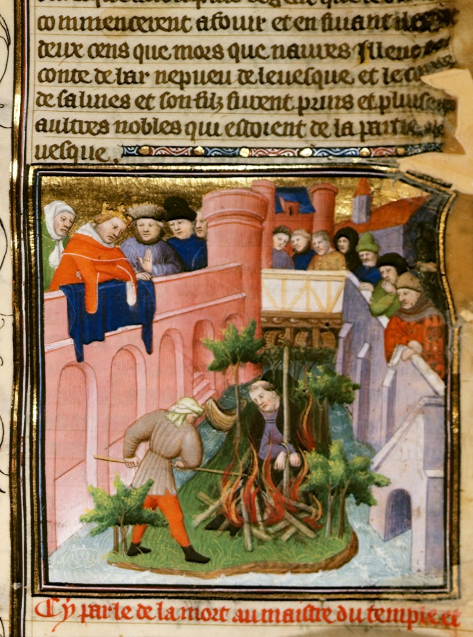 Cott Nero E II pt.2 fol.105 A templomosok mesterének elégetése, a „Les Grandes Chroniques de France”-ból, 1415 körül (vellum) alkotó: (and workshop) Boucicaut Master