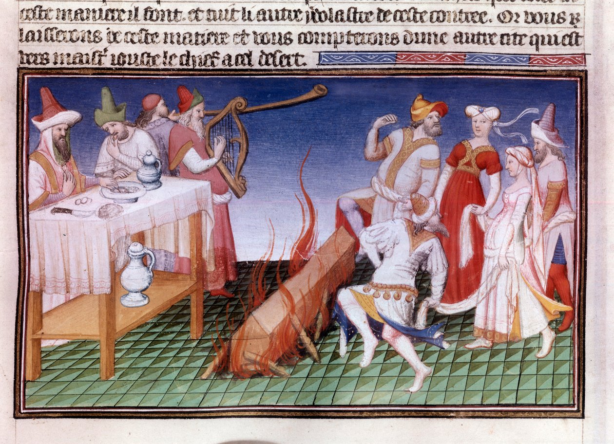 Temetési szertartás a kínai Tangut (Gansu) tartományban: hamvasztási jelenet Miniatűr a „” Csodák könyve””” („” Devisement of the World”, „” Il Milione”) kéziratban, fr.2810 (23. fólió) kivilágítva Boucicaut mestere és Marco Polo írta alkotó: (and workshop) Boucicaut Master