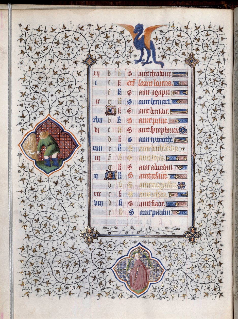 Kéziratos oldal „” Les Tres Riches Hours du Duke Francois de Guise””” decoree állatöv és a mezőgazdasági munka, a betakarítás ábrázolása. Boucicaut mesterének miniatűrje alkotó: (and workshop) Boucicaut Master