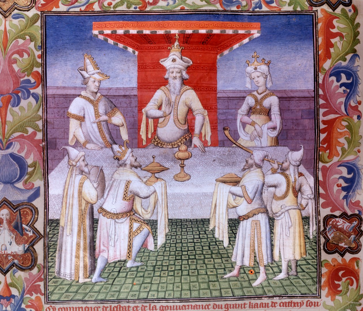 Étkezési jelenet a Nagy Kán asztalánál a Cathay vidéki miniatűrben a „” Csodák könyvében”” („” Devisement of the World”, „” Il Milione”)”, kézirat fr.2810 (136. fólió) Boucicaut mestere világította meg és írta Marco Polo, Marco (125 alkotó: (and workshop) Boucicaut Master