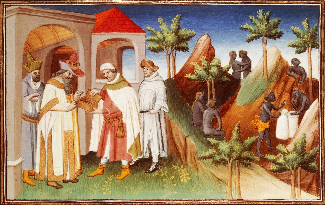 Mr Fr 2810 f.83r, Lar King gyöngyöket vásárol, miniatűr a „A világ csodáinak könyveiből”, 1410-1412 körül (tempera pergamen) alkotó: (and workshop) Boucicaut Master