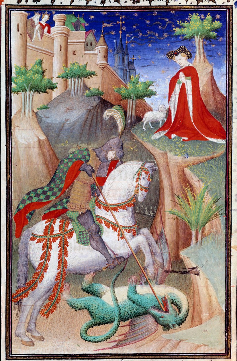 A „Les Tres Riches Hours du Duke Francois de Guise”” kézirat oldala Boucicaut mestere által megvilágított: Szent György és a sárkány ábrázolása. 15. század. Musee Conde, Chantilly alkotó: (and workshop) Boucicaut Master