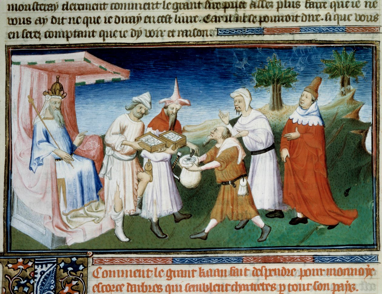Qubilai (Kubilai kán, a Mongol Jüan-dinasztia első császára (1215-1294)) Marco Polo „Csodák könyvéből” („” World Devisement”, „” Il Milione)” származó miniatűr murier bark érmékkel fizeti a vásárlásait. Boucic mestere illusztrálta alkotó: (and workshop) Boucicaut Master