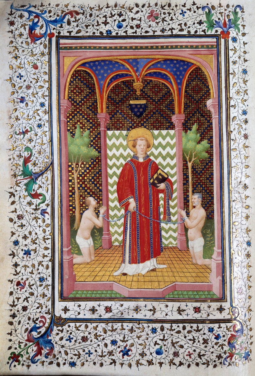Szent Leonárd (6. század) ábrázolása, Limousin remete, két foglyot szabadon engedve Boucicaut mestere által megvilágított „” Les Tres Riches Hours duke Francois de Guise”” kézirat oldala. 15. század. Musee Conde, Chantilly alkotó: (and workshop) Boucicaut Master