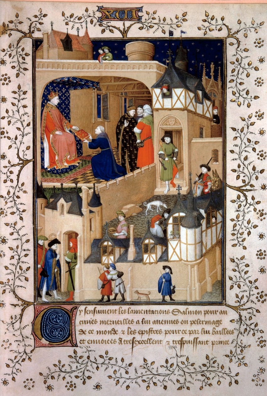 A politikai kalandor, a gyümölcsösebb Péter dit Salmon felajánlja kéziratát VI. Károly királynak (1368-1422). Miniatűr Pierre Salmon „Answers a Charles VI et Lamentations” című művéből, a Maitre de Boucicaut műhelyében megvilágítva (15. század) 1409 P alkotó: (and workshop) Boucicaut Master
