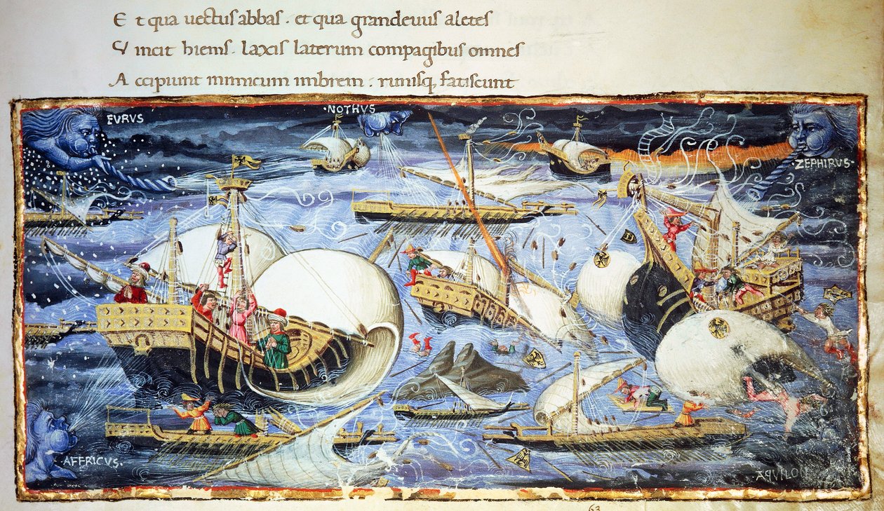 Vitorlás hajók, Aeneis illusztrációja, Vergilius (Kr. e. 70-19) epikus költeménye, Apollonio di Giovanninak (1415-1465) tulajdonított miniatűr alkotó: (attr. to) Apollonio di Giovanni