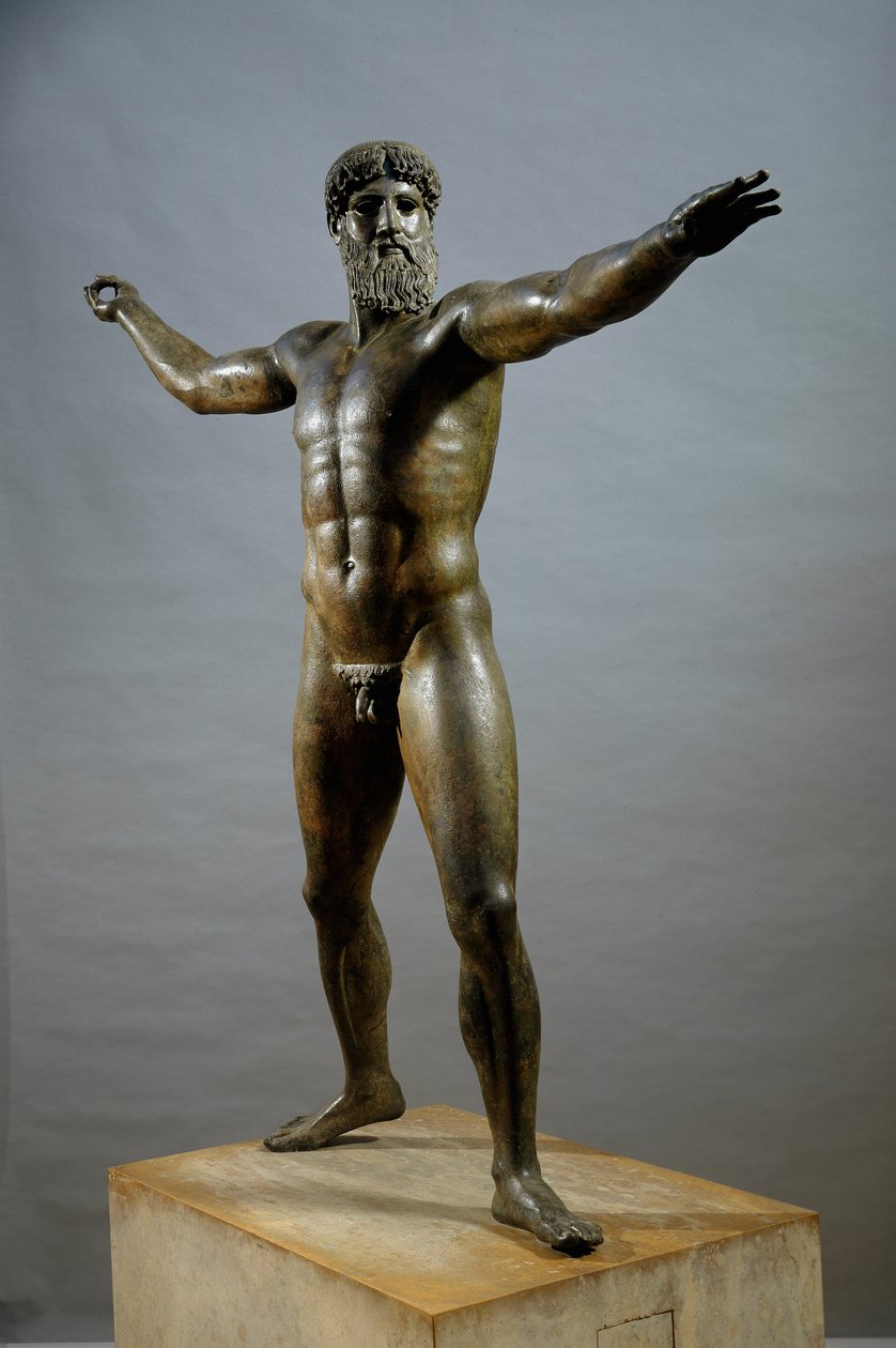 Görög művészet: „” Poszeidon”” (vagy Zeusz) – Kalamisz (Kr.e. 480-460) szobrásznak tulajdonított bronzszobor az Artemision-fokról, Dim. 209 cm - Athénész, Nemzeti Régészeti Múzeum - Görög művészet: Poszeidon (vagy Zeusz) - Bronz szobor, Kalamis (Kr. e. 480 alkotó: (attr. to) Kalamis