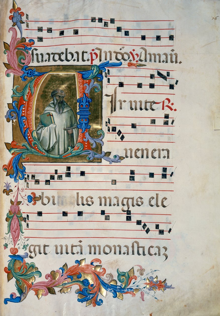 Megvilágított kezdőbetűje Szent Romualdo alakjával (Chorale 8, 76 körül), a Santa Maria degli Angeli 8. kóruskönyvéhez alkotó: (c.1370 1425) Lorenzo Monaco