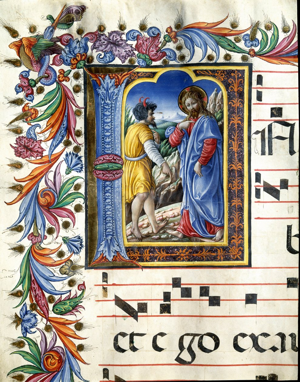 Decoree lettrine Krisztus megkísértését ábrázoló miniatűr Liberale da Verona (1445-1529) kórusától (Cod. 20/5. c.45v) a sienai katedrálisból. 15. századi székesegyház (Duomo), Siena, Olaszország alkotó: (c.1445 1527) Liberale da Verona