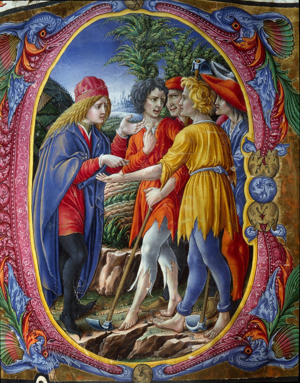 Decoree lettrine, amely a gyilkos borászok példázatát ábrázolja (Evangélium Szent Máté szerint Mt 21, 33-43) (A bérlők példázata) Liberale da Verona (1445-1529) miniatúrája egy kórustól (Cod. 20/5. c.). 2.) a sienai székesegyházból. 15. század alkotó: (c.1445 1527) Liberale da Verona