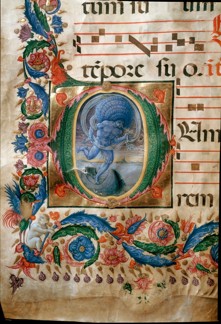 Lettrina Aeolus, a szelek őrzőjének ábrázolásával. (Miniatűr alkotó: (c.1445 1527) Liberale da Verona