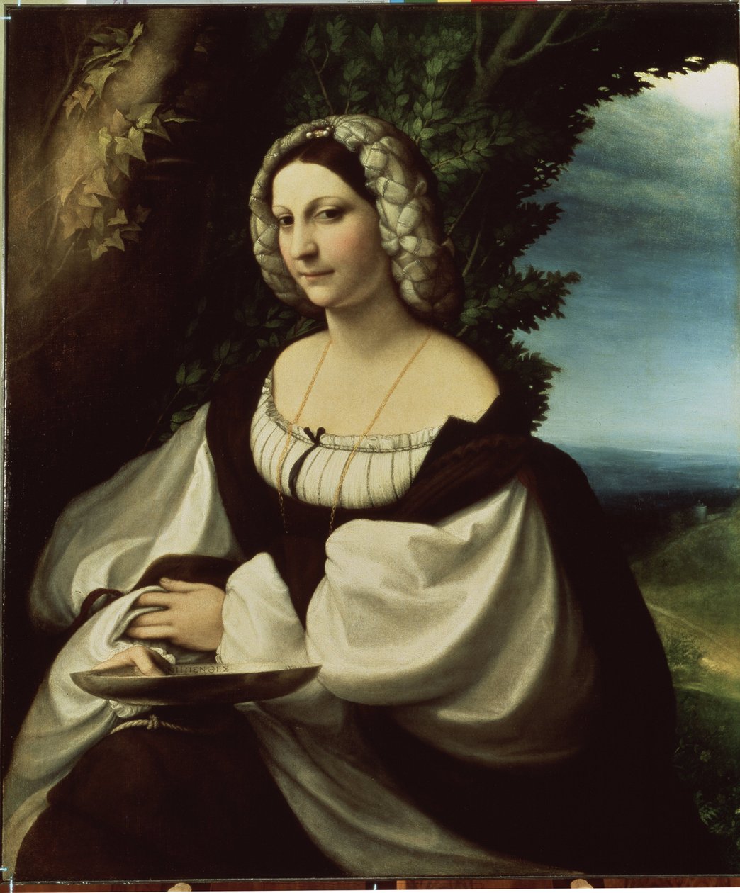 "Egy hölgy portréja" Ez vagy Ginevra Rangone költőnő vagy Veronica Gambara (1485-1550), Correggio város személyiségei. Antonio Allegri festménye, az Il Correggio (The Correge alkotó: (c.1489 1534) Correggio