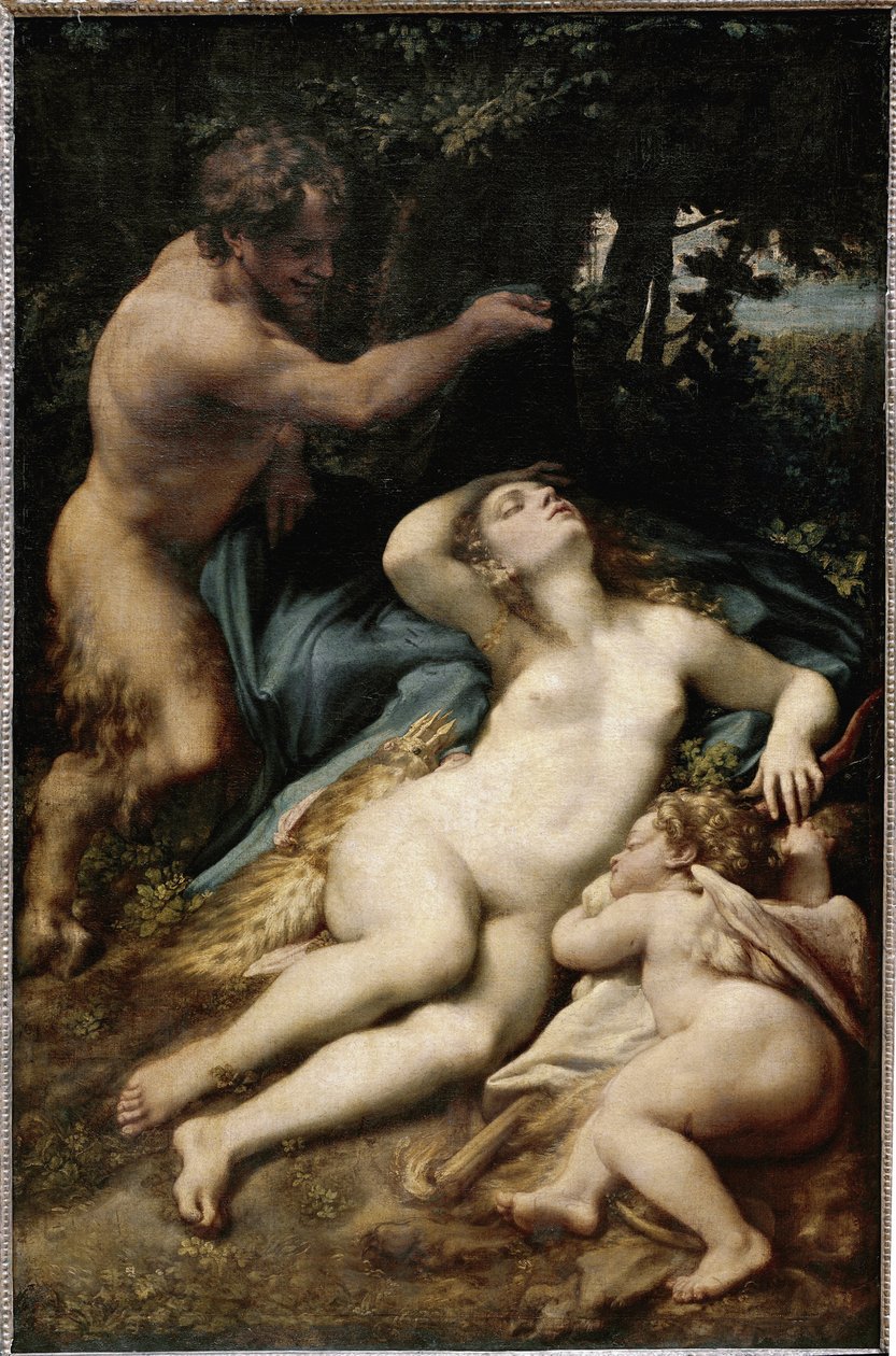 Jupiter és Antióp (vagy Vénusz Ámorral és szatírral) (olaj, vászon alkotó: (c.1489 1534) Correggio