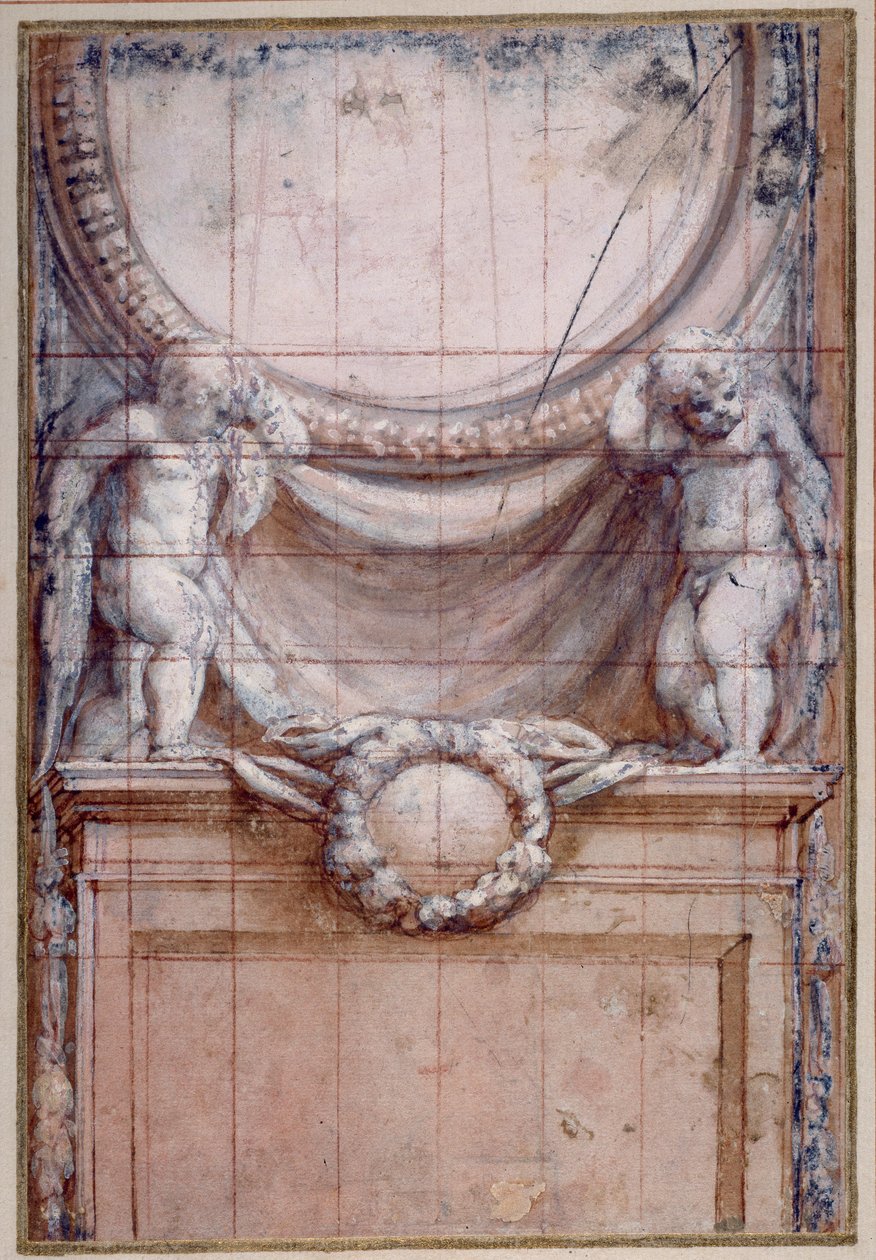 Két putti egy üres medaliont támasztva (piros kréta fehérrel kiemelve a papíron) alkotó: (c.1489 1534) Correggio