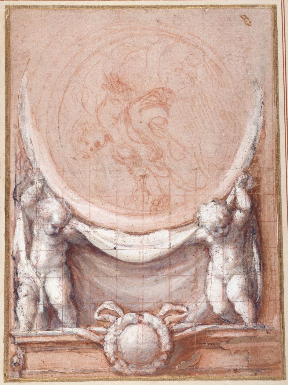 Két putti egy medaliont támasztva, amelyen a felhőben hordozott Krisztus látható (piros kréta fehér papíron) alkotó: (c.1489 1534) Correggio