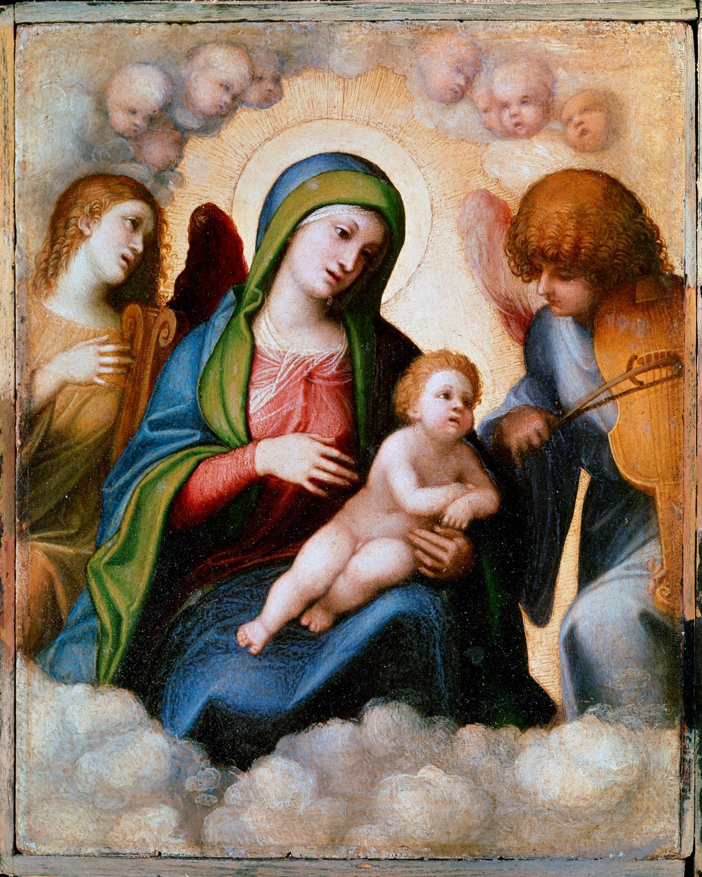 Szűz és gyermek két angyallal és kerubinokkal körülvéve Allegri Antonio dit Il Correggio festménye (The Correge alkotó: (c.1489 1534) Correggio