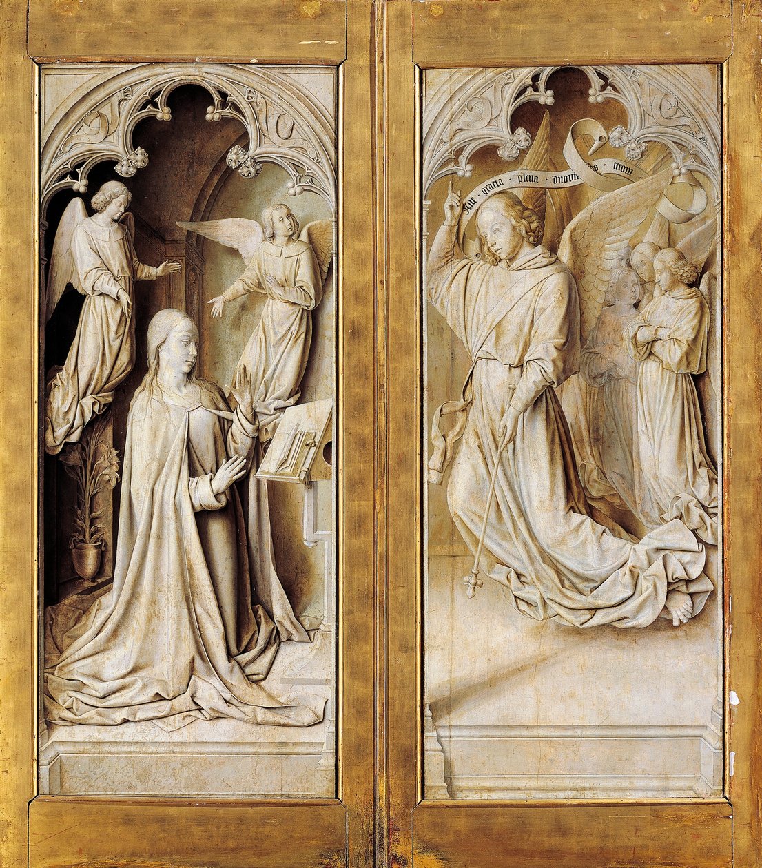 Angyali üdvözlet grisaille-ban (monokróm szürke), triptichon oltárkép külső szárnyai (kb. 1489-1502) Moulins mestere által, a Notre-Dame katedrálisban, Moulins, Franciaország. alkotó: (fl.c.1483 c.1529) Master of Moulins