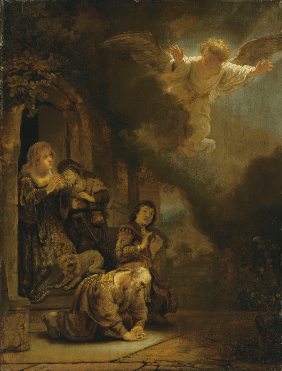 Rafael arkangyal búcsút vesz Tóbittól és családjától (olaj a táblán) alkotó: studio of Rembrandt Harmensz. van Rijn