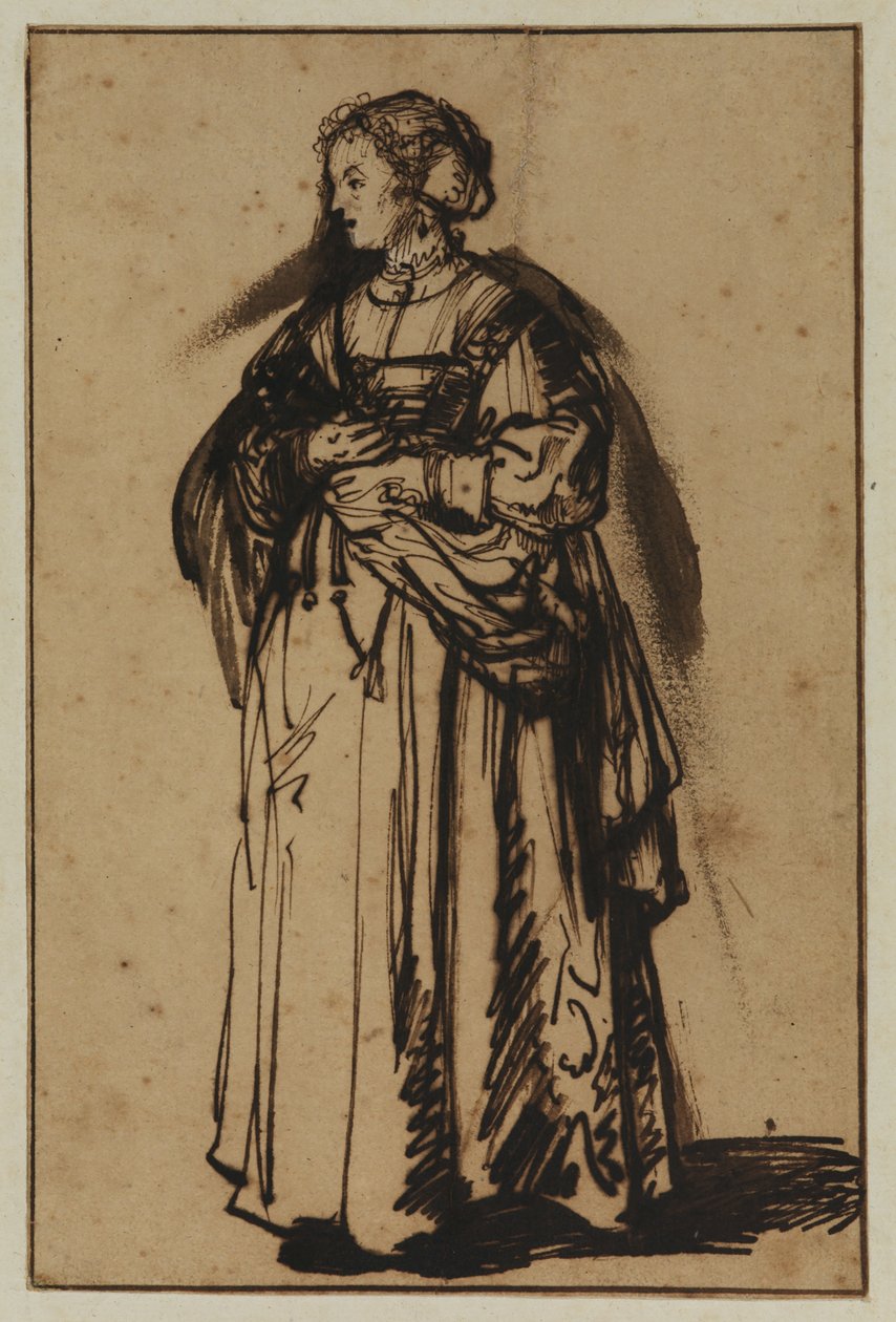 A művész felesége, Saskia áll, és virágokat tart a kezében alkotó: (workshop of) Rembrandt Harmensz. van Rijn