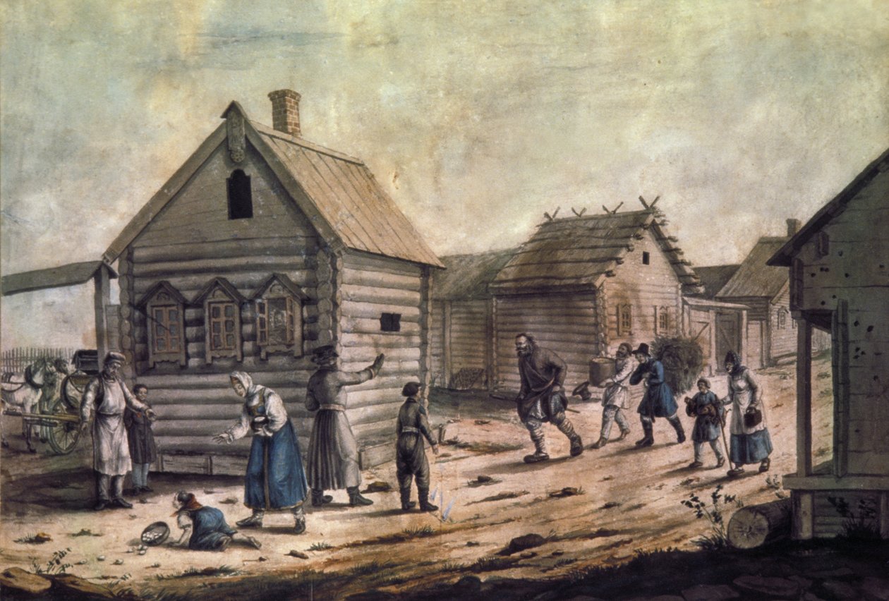 A falusi úrnő érkezése, akvarell festmény az 1850-es évekből. alkotó: Unknown