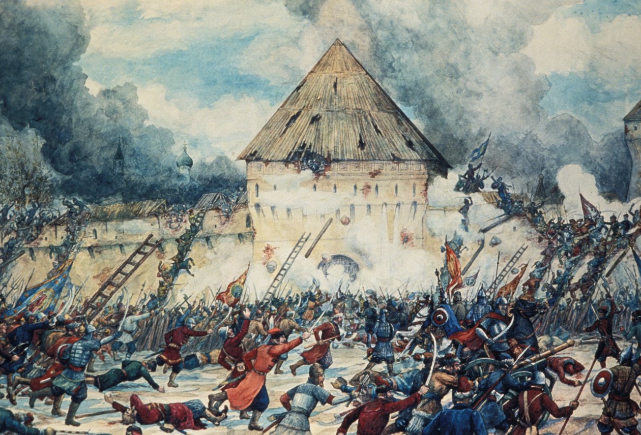 Csata lengyel beavatkozókkal Moszkvában, Kitai-Gorod (kínai város) Vlagyimir-kapujában, 1612, G, Lissner akvarellje. alkotó: Unknown