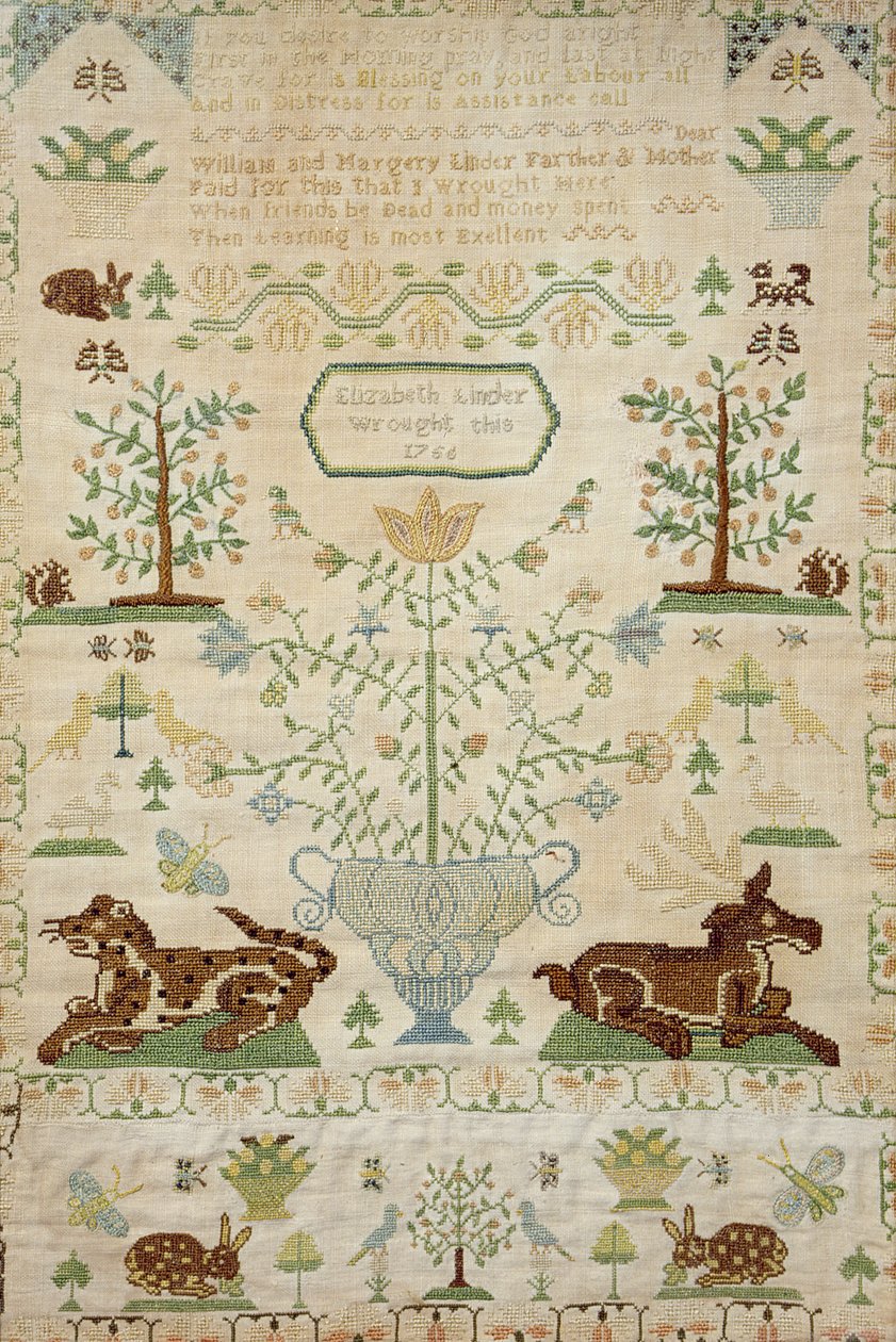 Keresztszemes mintavevő imával, Elizabeth Linder munkája, 1756 (selyemmunka) alkotó: Unknown