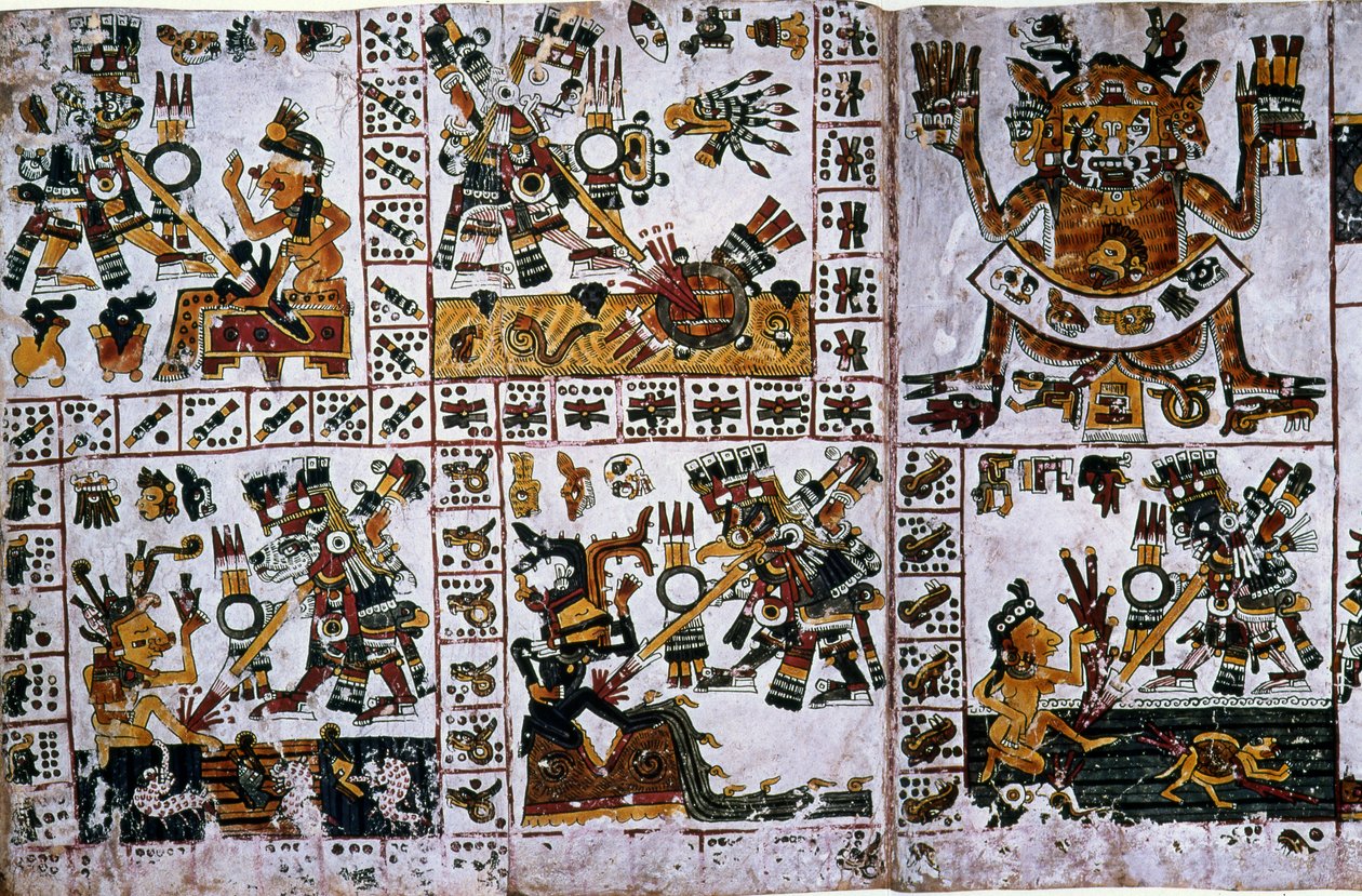 Részlet a Codex Borgia egyik oldalának fakszimile másolatából, Tlauizcalpantecuhtli, a Vénusz isten támadásait ábrázoló részlet. alkotó: Unknown