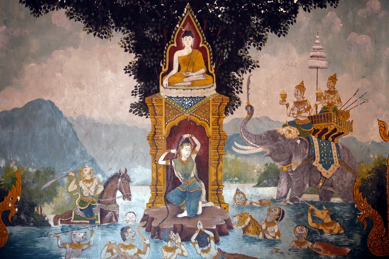 Freskó, amely a buddhák életét ábrázolja a Wat Phra Doi Suthepben, Chiang Mai államban. Phra Mae Thorani megcsavarja hosszú haját, és a vízözön áradást okoz. Thaiföld alkotó: Unknown