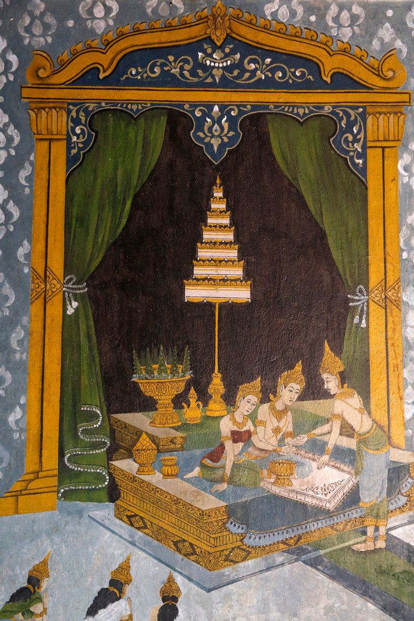 Freskó, amely a buddhák életét ábrázolja a Wat Phra Doi Suthepben, Chiang Mai államban. Az ifjú Buddha mint herceg. Thaiföld alkotó: Unknown