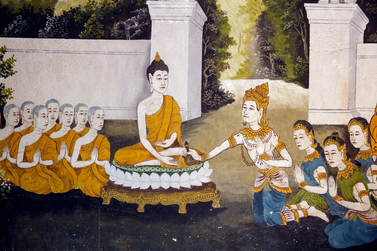 Freskó, amely a buddhák életét ábrázolja a Wat Phra Doi Suthepben, Chiang Mai államban. Buddha alamizsnát kap. Thaiföld alkotó: Unknown
