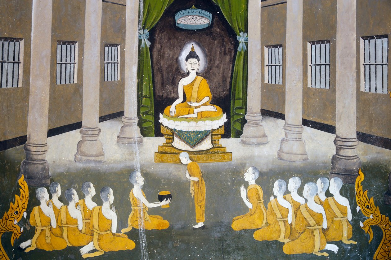 Freskó, amely a buddhák életét ábrázolja a Wat Phra Doi Suthepben, Chiang Mai államban. Buddha a szanghájával. rThaiföld alkotó: Unknown